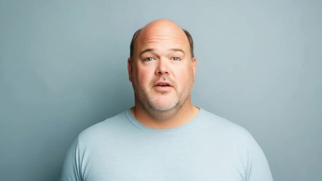 Surprised middle aged bald man with beard wearing light blue shirt stands against gray background showing curious and astonished facial expression while looking at camera with neutral expression