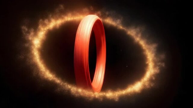 Abstract detail of a spinning red and golden wheel with a space dust cloud on black background. Motion. A part of spinning ring, concept of wheel of fate.