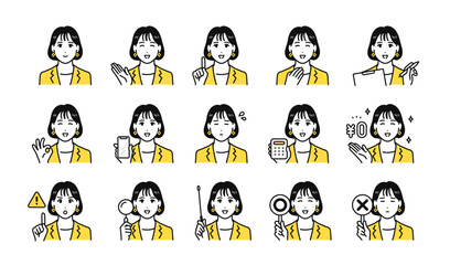 若い女性コンサルタントのビジネス向けアイコン表情セット