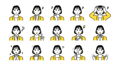 Fototapeta na wymiar スーツを着た若い女性の表情アイコンセット