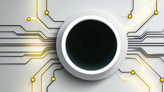 Futuristic circular device with glowing yellow circuit lines on white surface and black coffee cup with electronic circuit board technology featuring modern black and yellow design elements