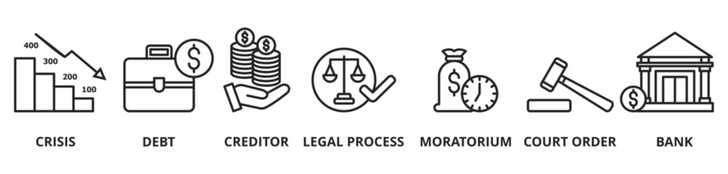 Bankruptcy Concept with vector icons. Bankruptcy is a legal process through which people or other entities who cannot repay debts to creditors may seek relief from some or all of their debts
