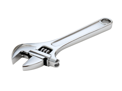 A shiny adjustable wrench tool isolated on a white or transparent background in a studio setting with good lighting
