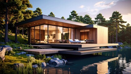 Lakeside Retreat Modern Home Nestled Among Trees by Still Water.