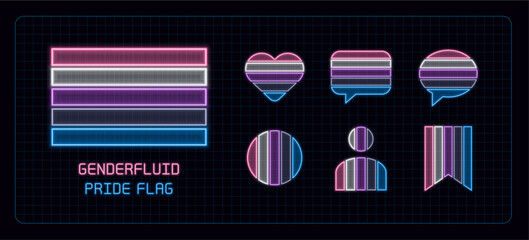 Genderfluid pride flag icon set, neon glow visuals. Pride month flag, gender identity and expression theme.
