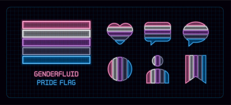 Genderfluid pride flag icon set, neon glow visuals. Pride month flag, gender identity and expression theme.