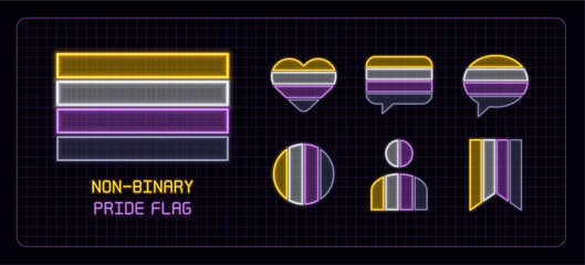 Non-binary pride flag icon set, neon glow visuals. Pride month flag, gender identity and expression theme.
