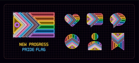 New Progress pride flag icon set, neon glow visuals. Pride month, gender and sexual orientation diversity theme.