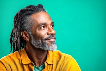 Obraz premium A middle-aged man looking happy and relaxed. A relaxed and poised man showing grace. An artistic and modern man captured in a studio. An elegant midlife gentleman smiling gracefully.