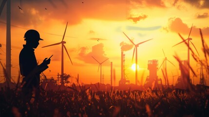 Engineer sunset wind farm energy plant inspection