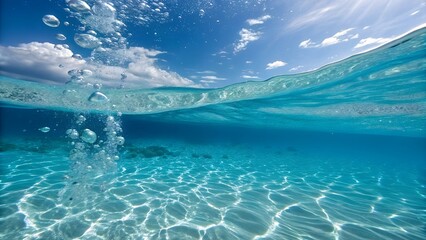 Crystal Clear Ocean Underwater View with Sunlight and Bubbles for Marine Life and Nature Photography