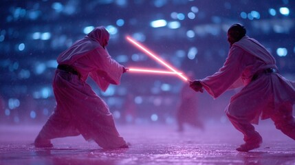 Two figures in white robes clash with glowing red lightsabers in a snowy urban environment
