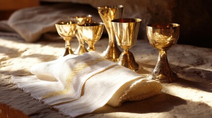Golden chalices and white cloth for communion service in church setting religious items