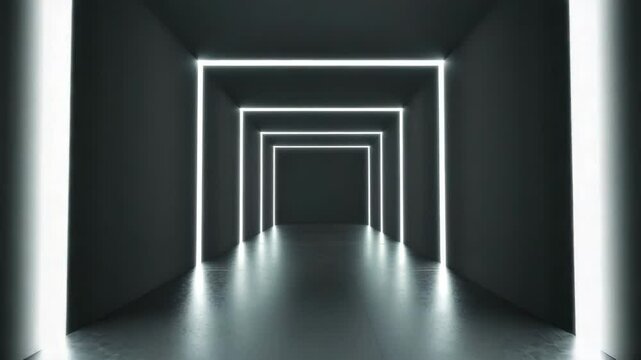 Futuristic corridor with glowing white rectangular light frames creating modern and sleek interior in dark space, reflective floor enhances mysterious and minimalistic tunnel effect.