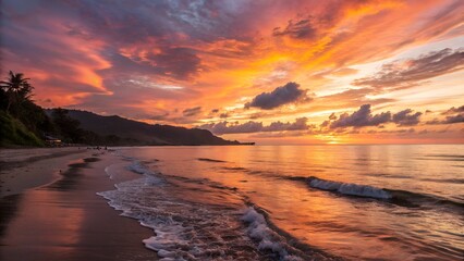 Fototapeta premium Vivid Coastal Sunset with Vibrant Sky and Reflective Ocean Waves for Scenic Beach Photography and Nature Inspiration