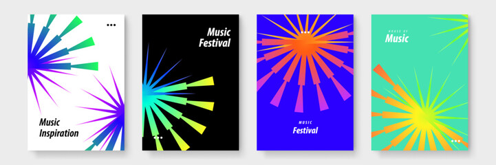 Four colorful abstract posters with music related text; perfect for advertising music festivals, concerts, or music themed events. Great for promotional materials.