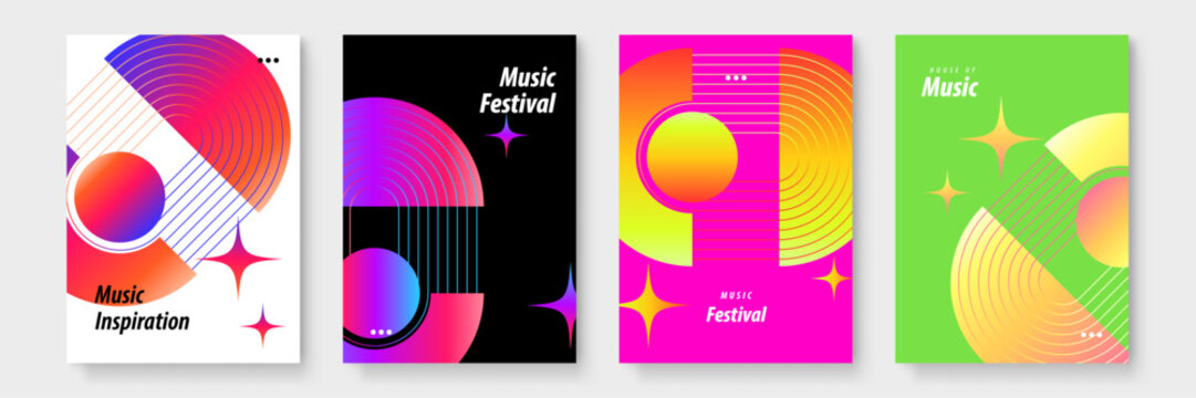 Four colorful posters with abstract shapes and music text, suitable for promotions, events, music festivals, and artsy designs. - Powered by Adobe