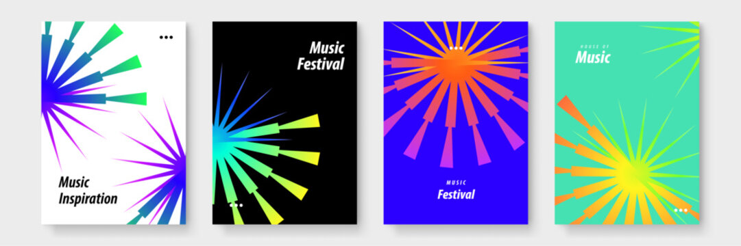 Four colorful abstract posters with music related text; perfect for advertising music festivals, concerts, or music themed events. Great for promotional materials.