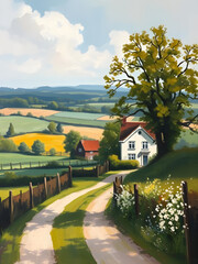Obraz premium Countryside painting, Rural landscape, Village painting, Country home art, Farmhouse scene, Countryside cottage, Rustic painting, Fields and hills, Scenic countryside, Meadow landscape, Peaceful villa
