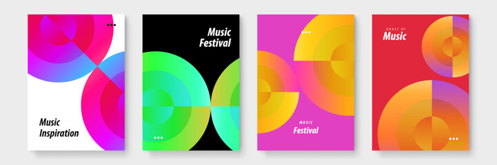 Four vibrant music festival posters featuring circular designs suited for event promotion, advertising, flyers, and social media graphic designs.