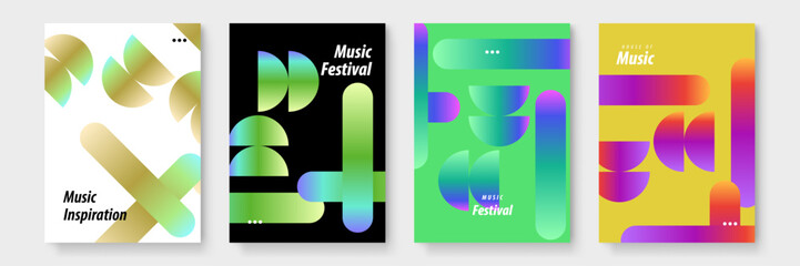 Four music posters with colorful gradients and geometric shapes. Suitable for promoting music events, parties, concerts, or album releases.
