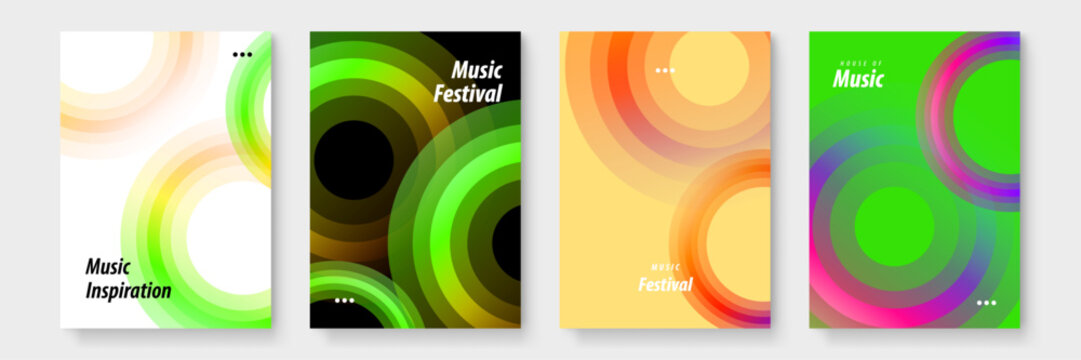 Four music festival posters suitable for promoting live events, concerts, and performances. Colorful designs for advertising campaigns and promotional materials.