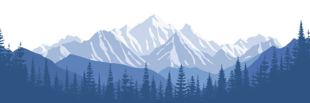 Mountain landscape with forest, morning haze, vector illustration, panoramic view
