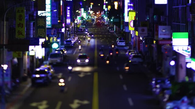 A night timelapse of miniature traffic jam at Chongqing N RD in Taipei zoom