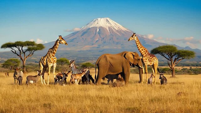 African wildlife scene giraffe elephant and zebra on the savanna with mountain