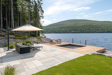 Lakeside patio with dock and seating