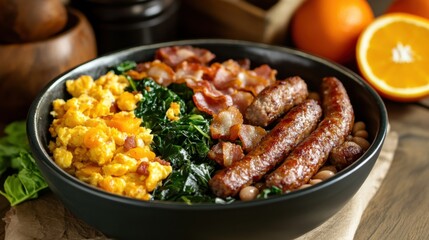 Fototapeta premium Bowl of breakfast with scrambled eggs, kale, bacon, sausages and beans on a wooden table