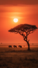 A breathtaking red sunset over the African savannah, the sky ablaze with fiery hues of crimson and amber.
