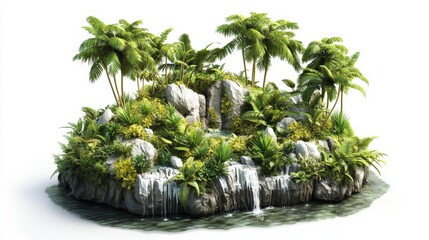 Tropical island miniature with cascading waterfalls.