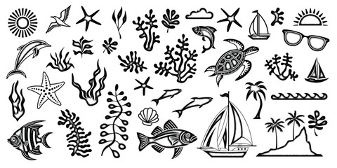 Elements of marine design, sea and summer vacation, noisy texture, isolated on a white background, vector illustration