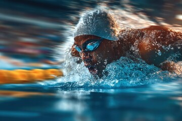 Competitive Swimmer in Action. Dynamic underwater shot of a swimmer performing the butterfly stroke.