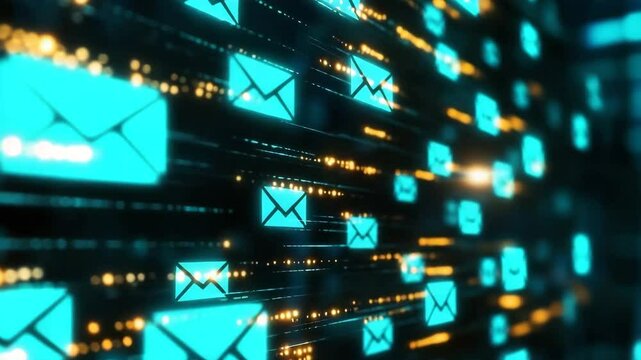 Multiple glowing digital envelope icons represent high-tech email communication in a futuristic virtual environment.