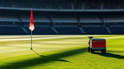 Fototapeta premium View of a red flag and a turf maintenance machine on a green grass field in a stadium