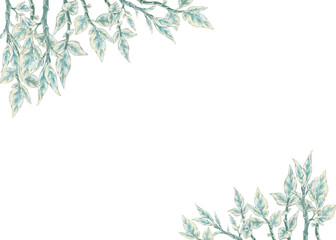 Top and down corner frame with blue pedilanthus branches. Watercolor floral frame. Perfect for wedding invitations, botanical prints, romantic greeting cards. Design for site, web article or post