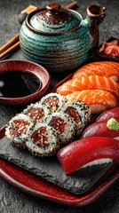 Japanese soy sauce bowl and sushi on slate plates, red and black backdrop - minimalist elegance of traditional cuisine