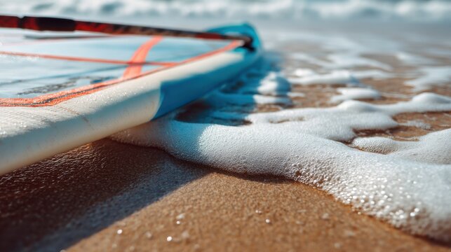 Close up of a windsurf board on the beach with waves lapping at the shore