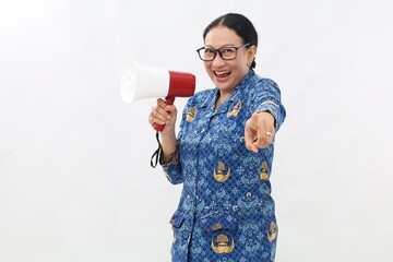 Attention, announcement concept. Enthusiastic asian civil servant woman shouting in megaphone,...
