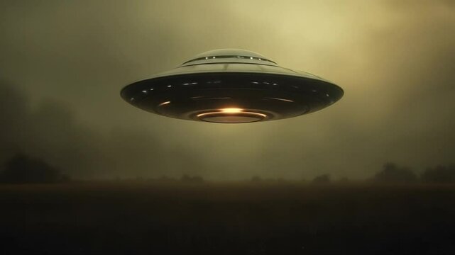 flying saucer shaped craft hovering over landscape at dusk in sci-fi style