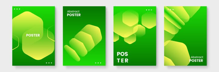 Four green abstract posters with yellow shapes