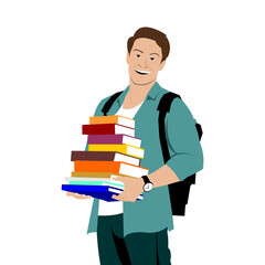 vector of student in turquoise green shirt holding up books and wearing backpack and watch