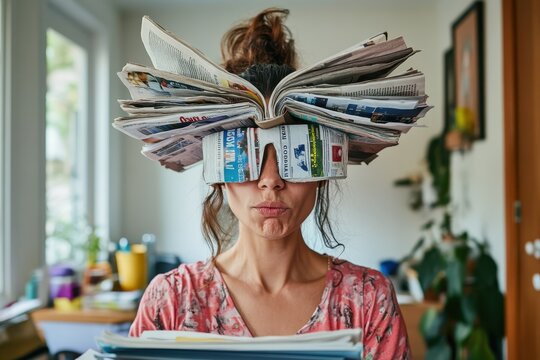 Woman with newspapers on her head showcasing a humorous approach to reading and information consumption in a bright and casual indoor environment