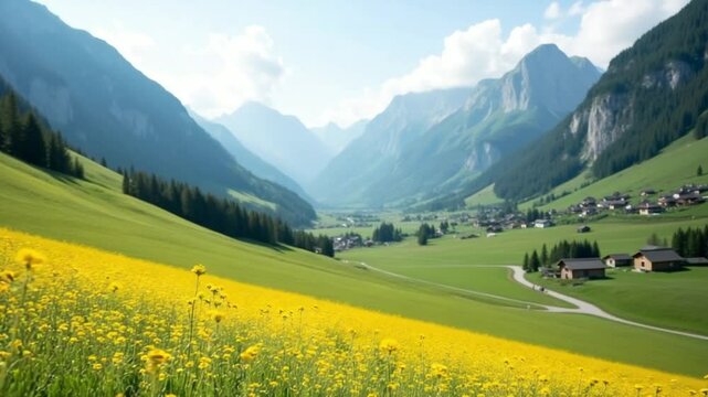 View of green and yellow meadows and grass flowers Natural road in Switzerland