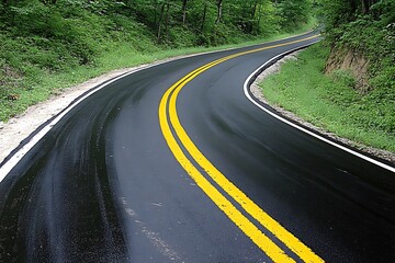 Fototapeta premium Winding Asphalt Road Through Verdant Forest Landscape on Misty Day