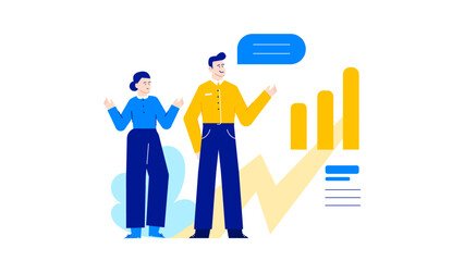 Man and woman present bar graph data. Suitable for business presentations, financial reports, teamwork concepts, corporate settings, and professional collaborations.