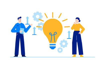 Conceptual image featuring two individuals next to a large light bulb and gears. Perfect for innovation, teamwork, brainstorming, and creativity themed projects.