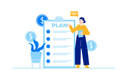 Woman confidently presenting a financial plan with dollar signs, ideal for business presentations or finance related designs. Wealth, planning, success.